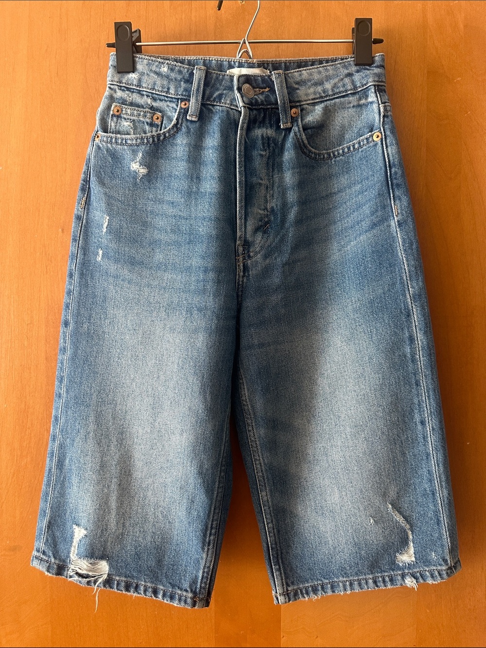 H&M Light Blue Distressed High-Waist Bermuda Shorts